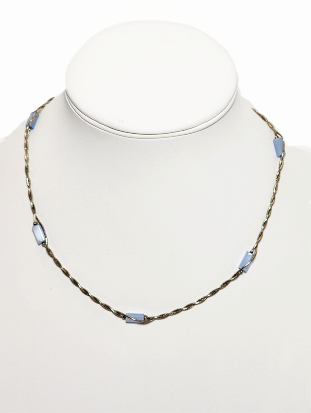 Classic Beauty! Blue Glass Beads Twisted Stainless Steel Chain Necklace